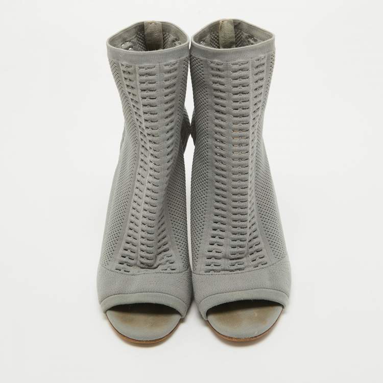 Pre Owned Gianvito Rossi Grey Knit Fabric Open Toe Ankle Boots Size 38
