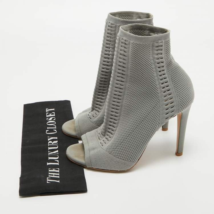 Pre Owned Gianvito Rossi Grey Knit Fabric Open Toe Ankle Boots Size 38