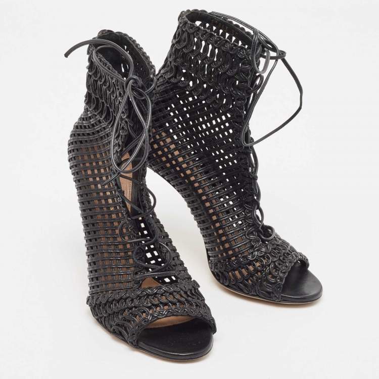 Pre Owned Gianvito Rossi Black Leather Woven Lace Up Sandals Size 35