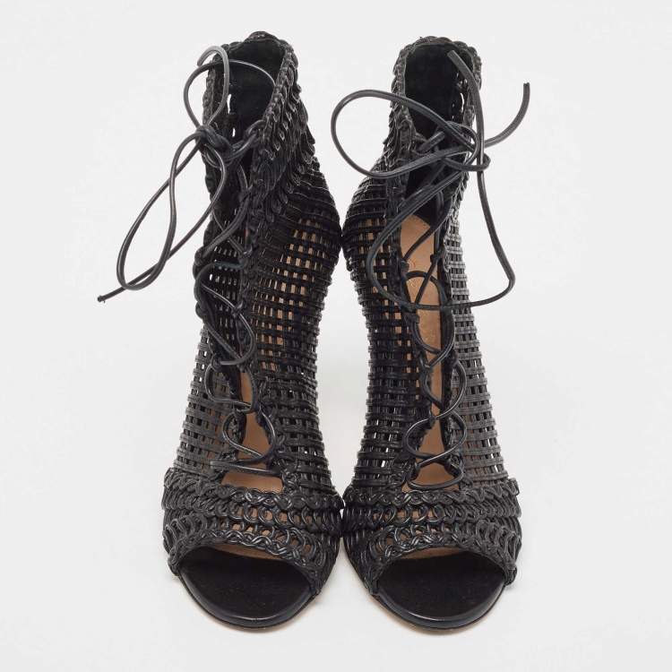 Pre Owned Gianvito Rossi Black Leather Woven Lace Up Sandals Size 35