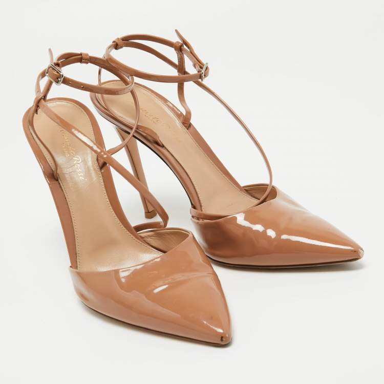 Pre Owned Gianvito Rossi Beige Patent Leather Ankle Strap Pumps Size 40 
