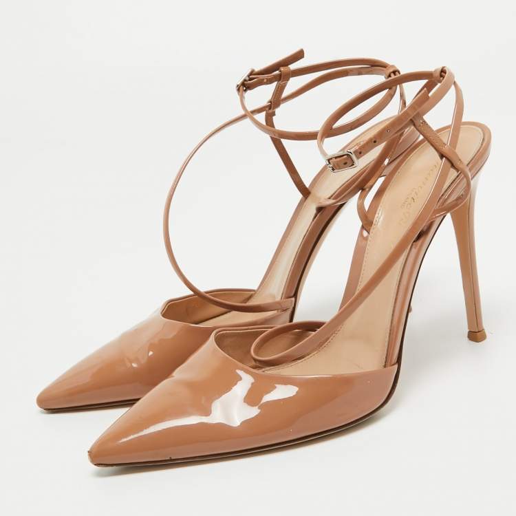 Pre Owned Gianvito Rossi Beige Patent Leather Ankle Strap Pumps Size 40 
