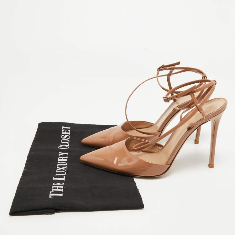 Pre Owned Gianvito Rossi Beige Patent Leather Ankle Strap Pumps Size 40 