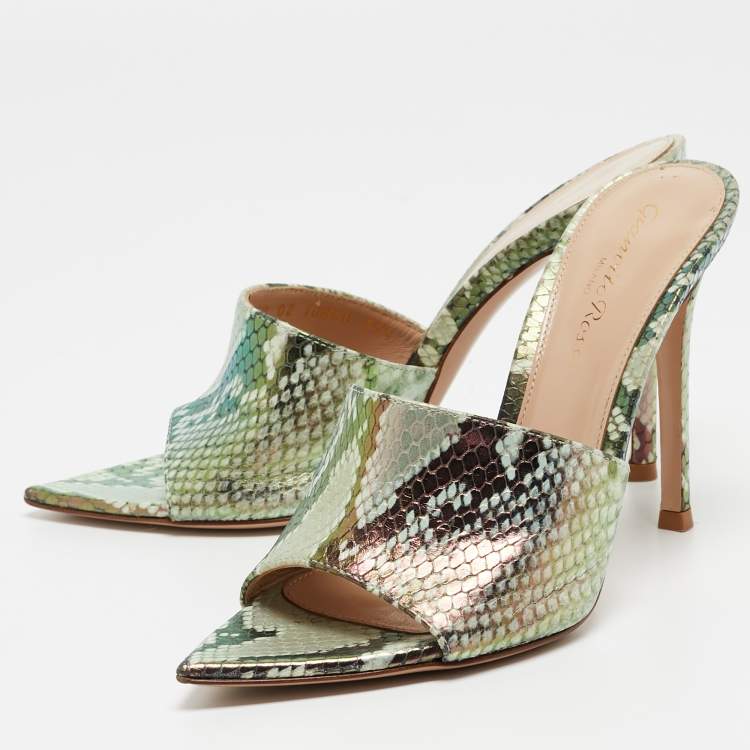 Pre Owned Gianvito Rossi Metallic Iridescent Embossed Python Alise Slide Sandals Size 35.5
