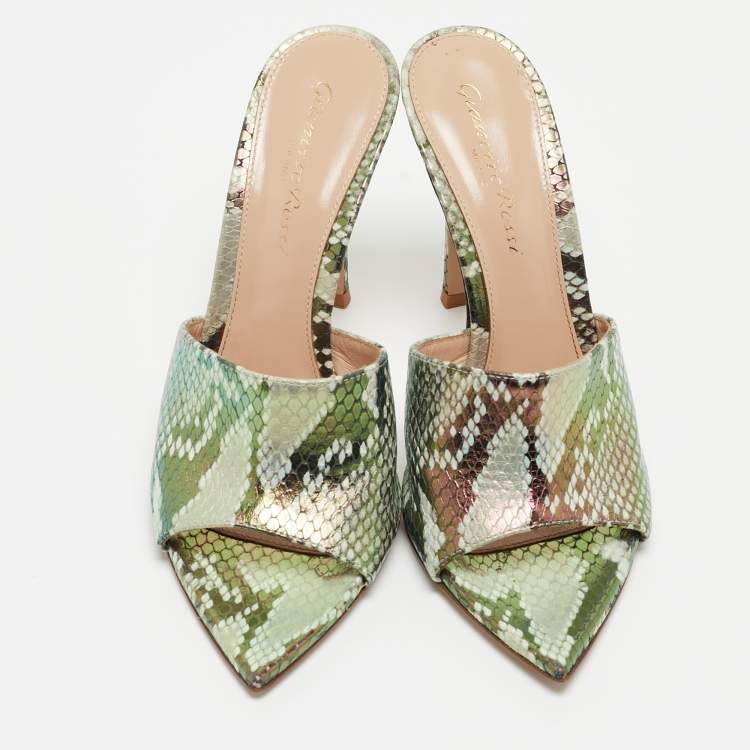 Pre Owned Gianvito Rossi Metallic Iridescent Embossed Python Alise Slide Sandals Size 35.5