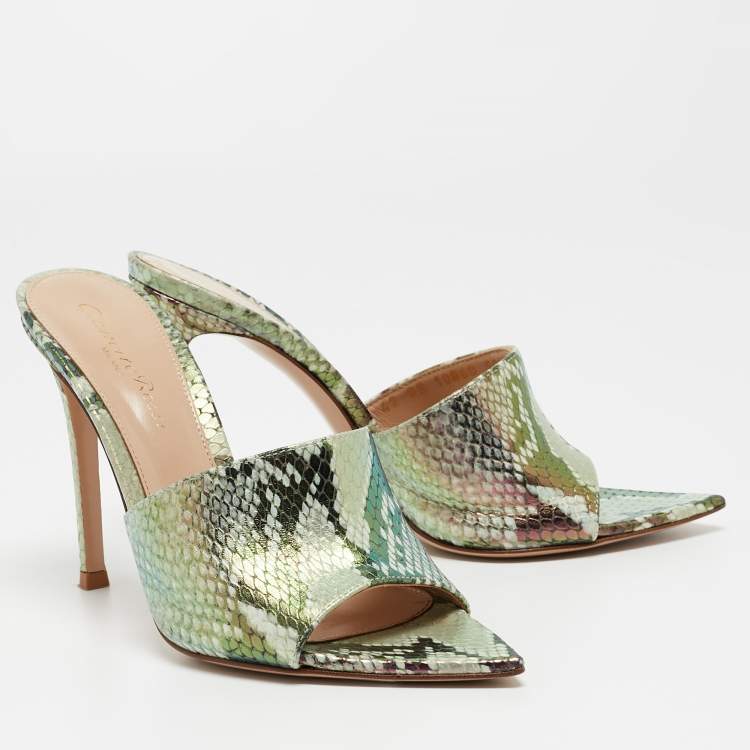 Pre Owned Gianvito Rossi Metallic Iridescent Embossed Python Alise Slide Sandals Size 35.5