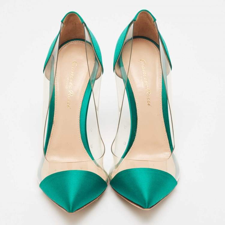 Pre Owned Gianvito Rossi Green Satin and PVC Plexi Pumps Size 38