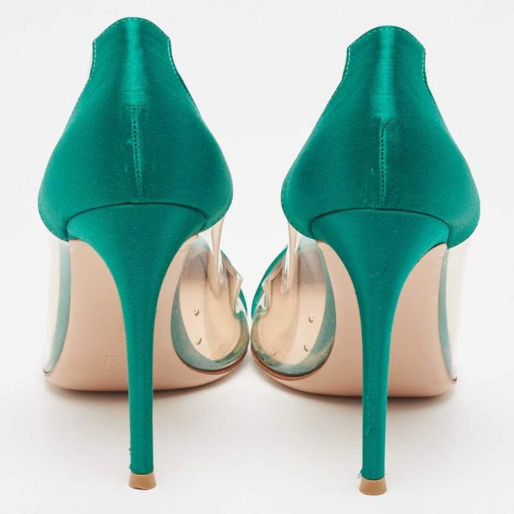 Pre Owned Gianvito Rossi Green Satin and PVC Plexi Pumps Size 38