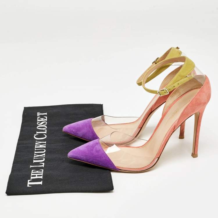 Pre Owned Gianvito Rossi Multicolor Suede and PVC Ankle Strap Pointed Toe Pumps Size 37
