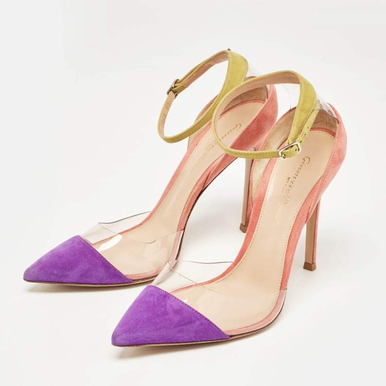 Pre Owned Gianvito Rossi Multicolor Suede and PVC Ankle Strap Pointed Toe Pumps Size 37