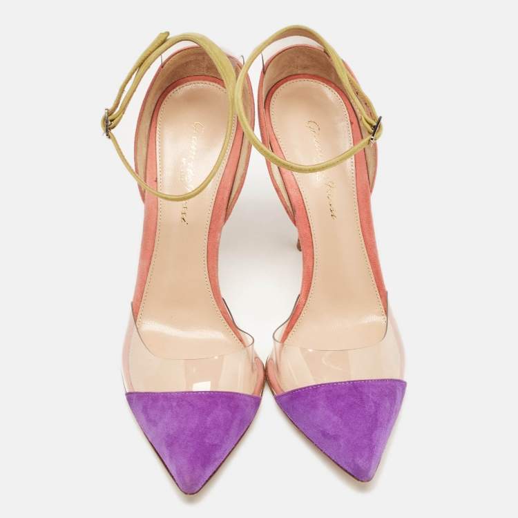 Pre Owned Gianvito Rossi Multicolor Suede and PVC Ankle Strap Pointed Toe Pumps Size 37