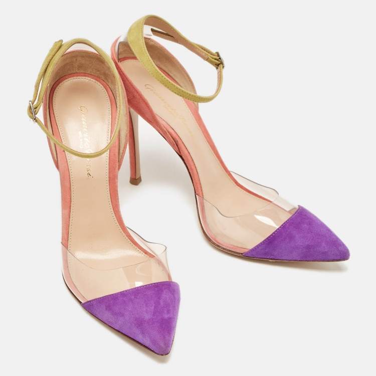 Pre Owned Gianvito Rossi Multicolor Suede and PVC Ankle Strap Pointed Toe Pumps Size 37
