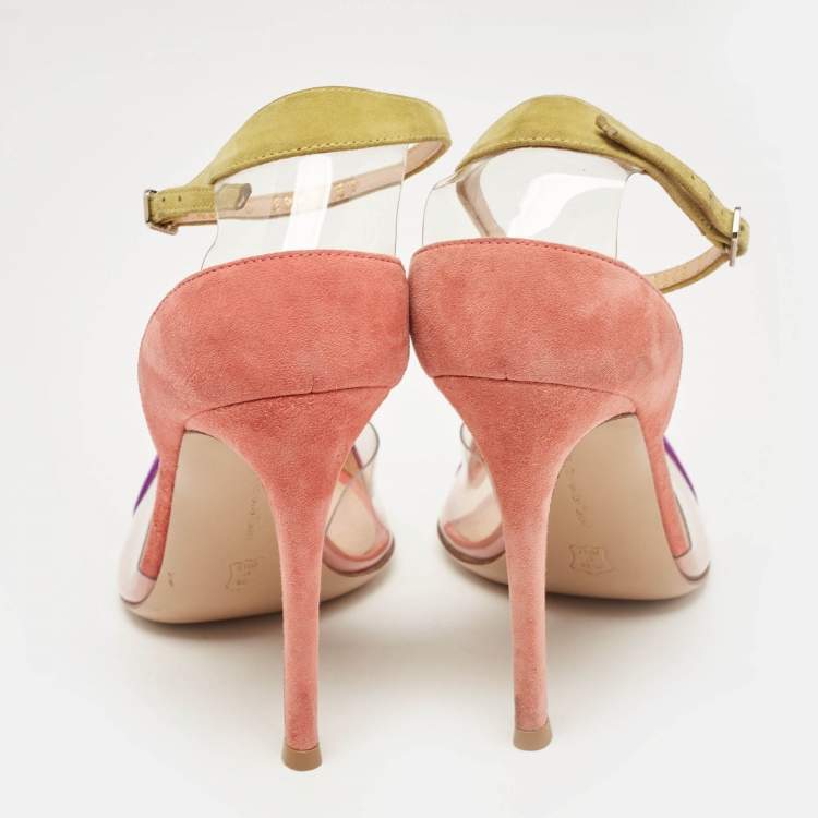 Pre Owned Gianvito Rossi Multicolor Suede and PVC Ankle Strap Pointed Toe Pumps Size 37