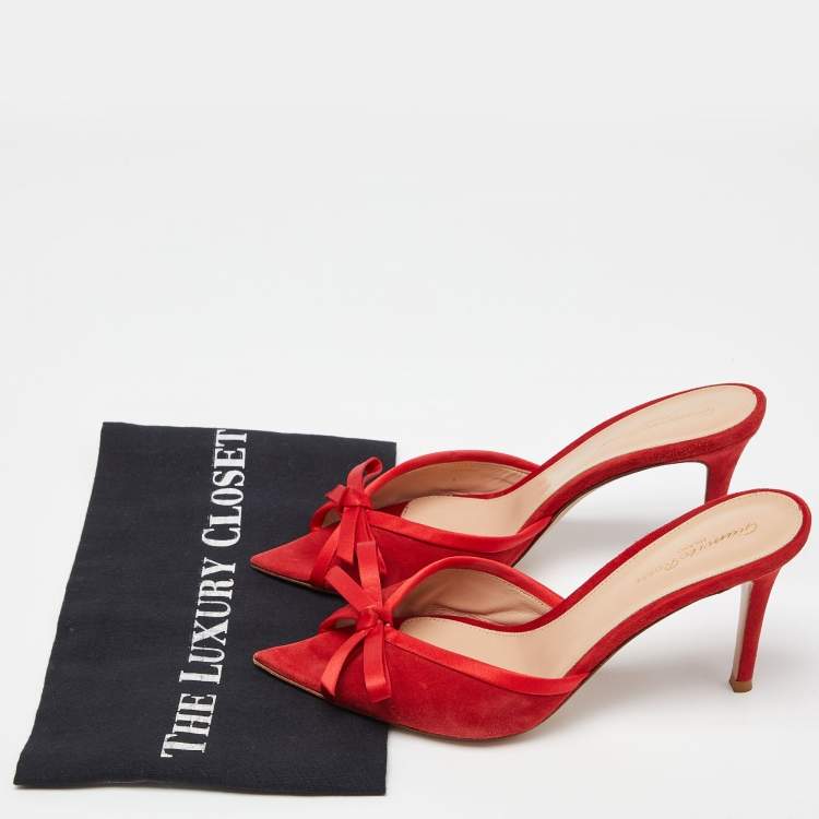 Pre Owned Gianvito Rossi Red Suede Bow Slide Sandals Size 38.5