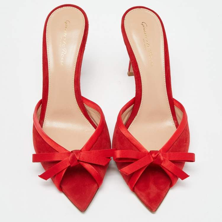 Pre Owned Gianvito Rossi Red Suede Bow Slide Sandals Size 38.5
