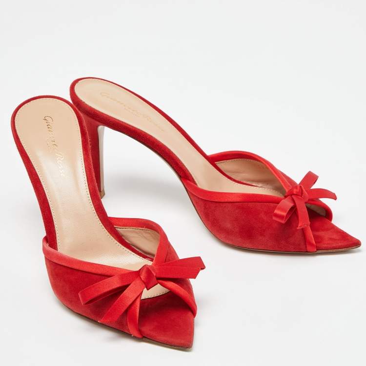 Pre Owned Gianvito Rossi Red Suede Bow Slide Sandals Size 38.5