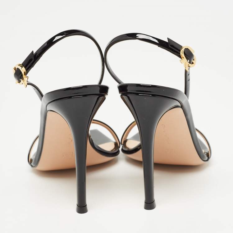 Pre Owned Gianvito Rossi Black Patent Leather Ribbon Slingback Sandals Size 37