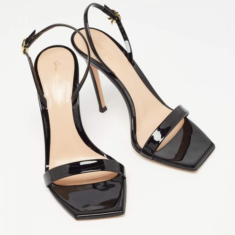 Pre Owned Gianvito Rossi Black Patent Leather Ribbon Slingback Sandals Size 37