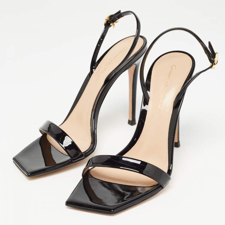 Pre Owned Gianvito Rossi Black Patent Leather Ribbon Slingback Sandals Size 37