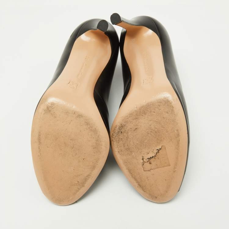 Pre Owned Gianvito Rossi Black Leather Vamp Peep Toe Booties Size 35.5