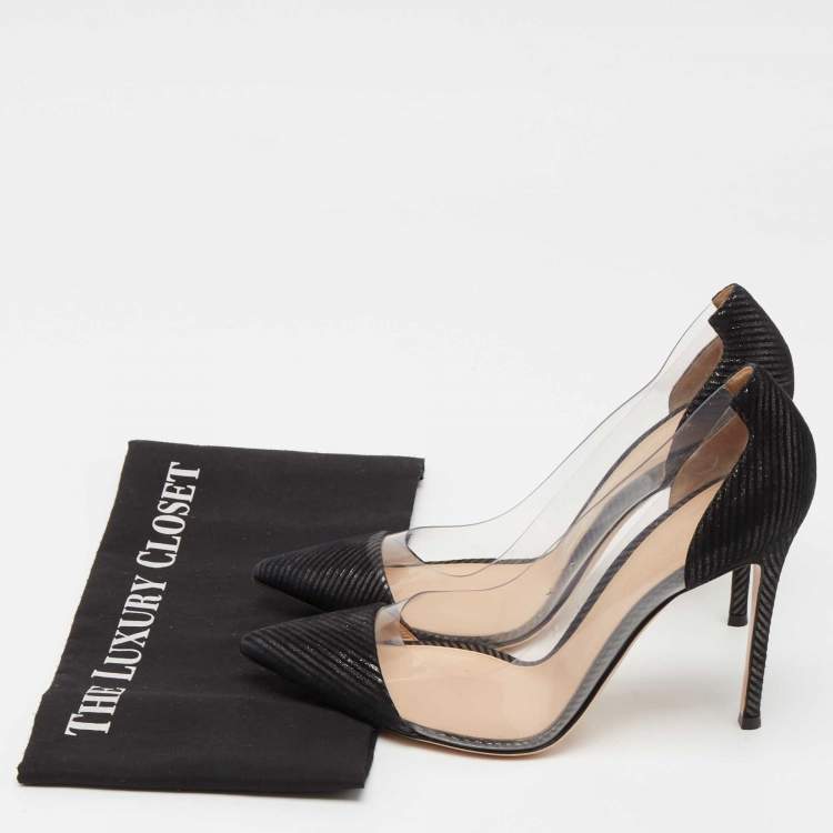 Pre Owned Gianvito Rossi Metallic Black Suede and PVC Plexi Pointed Toe Pumps Size 40