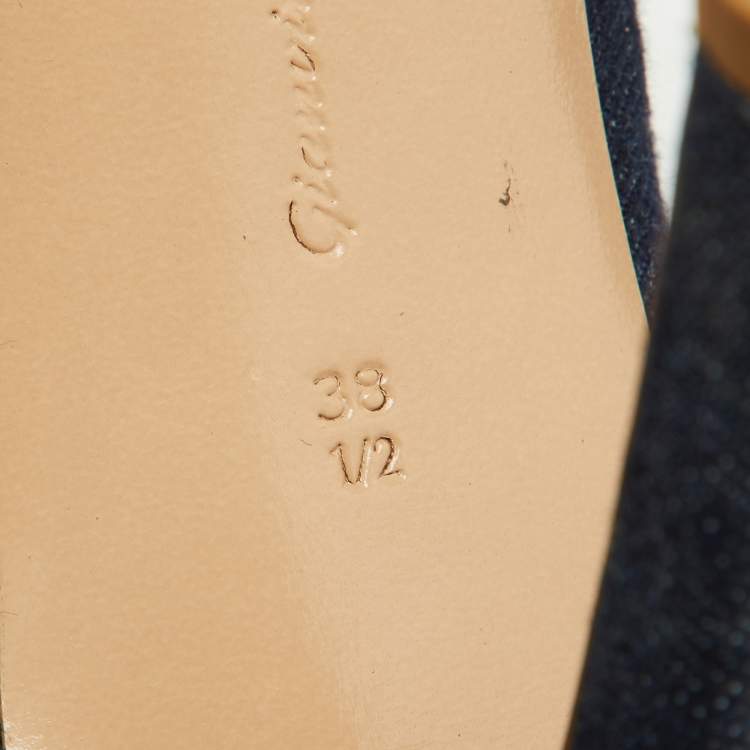 Pre Owned Gianvito Rossi Navy Blue Denim Vamp Peep Toe Booties Size 38.5