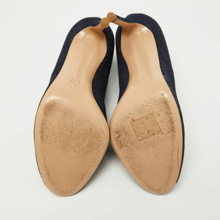 Pre Owned Gianvito Rossi Navy Blue Denim Vamp Peep Toe Booties Size 38.5