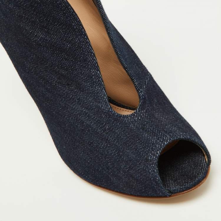 Pre Owned Gianvito Rossi Navy Blue Denim Vamp Peep Toe Booties Size 38.5