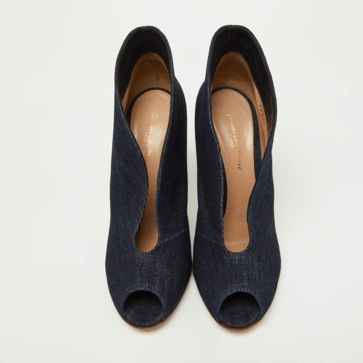 Pre Owned Gianvito Rossi Navy Blue Denim Vamp Peep Toe Booties Size 38.5