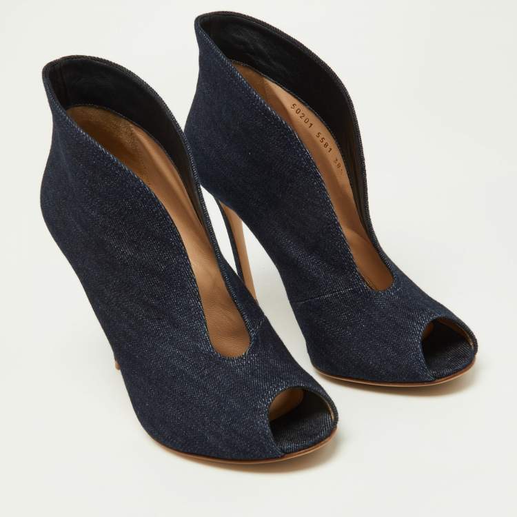 Pre Owned Gianvito Rossi Navy Blue Denim Vamp Peep Toe Booties Size 38.5
