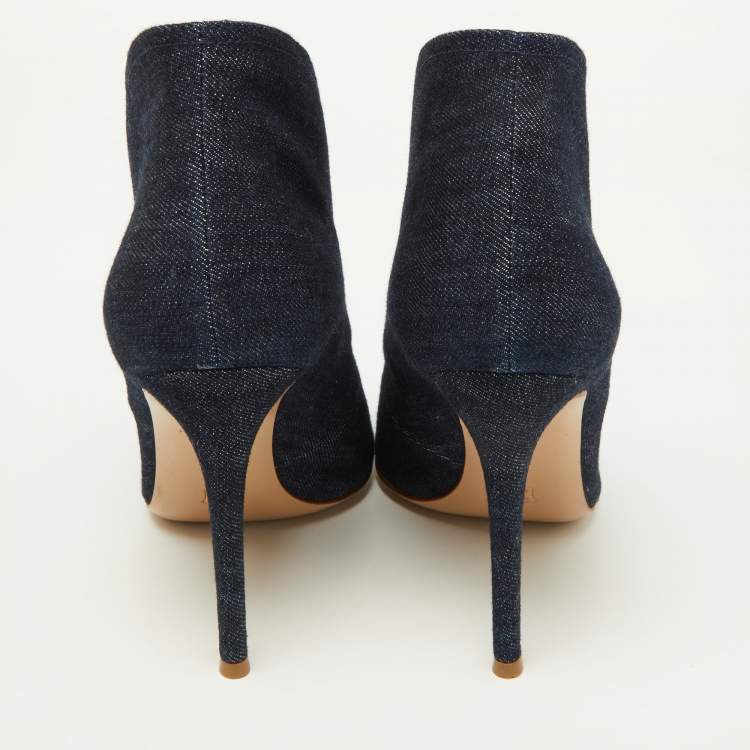 Pre Owned Gianvito Rossi Navy Blue Denim Vamp Peep Toe Booties Size 38.5