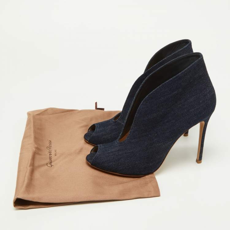 Pre Owned Gianvito Rossi Navy Blue Denim Vamp Peep Toe Booties Size 38.5