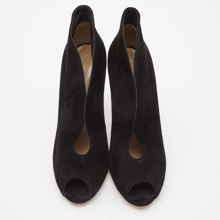 Pre Owned Gianvito Rossi Black Suede Vamp Peep Toe Booties Size 39