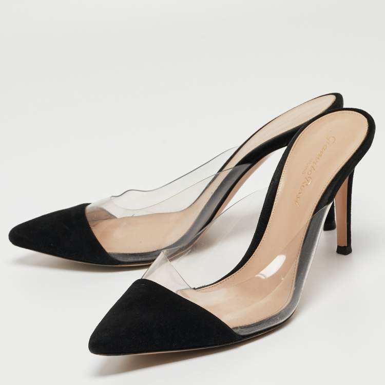 Pre Owned Gianvito Rossi Black Suede and PVC Plexi Pointed Toe Mule Sandals Size 39
