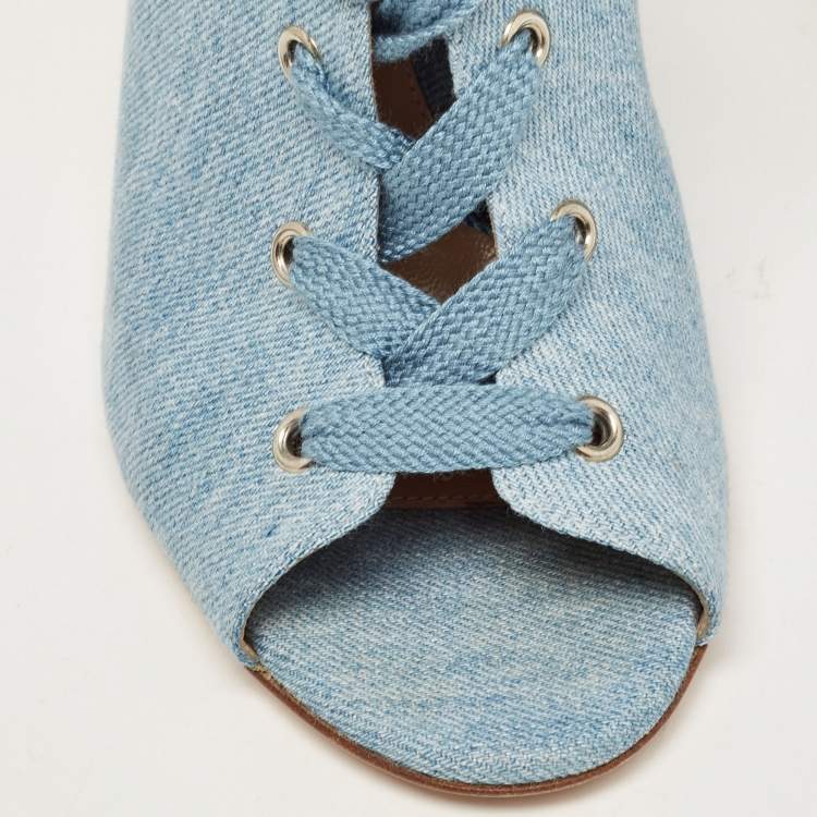 مملوكة مسبقًا Gianvito Rossi Blue Denim Open Toe Lace Up Boots Size 40