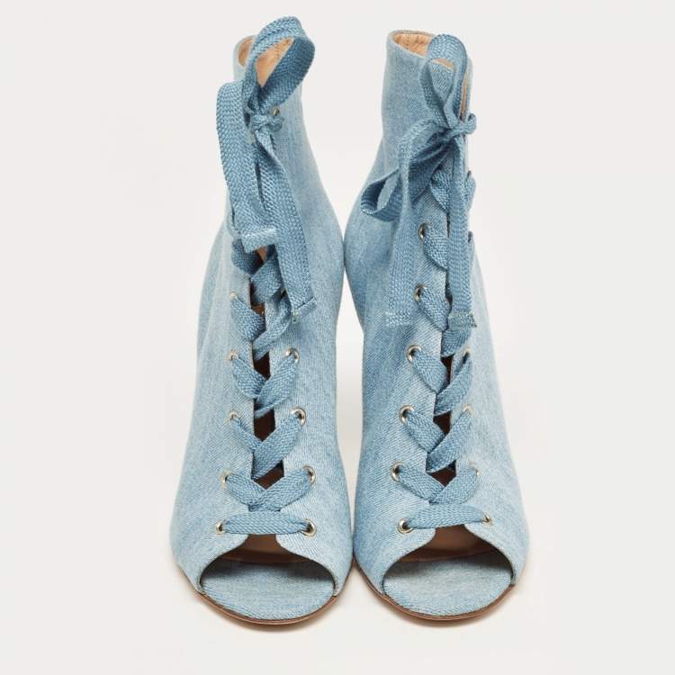 مملوكة مسبقًا Gianvito Rossi Blue Denim Open Toe Lace Up Boots Size 40