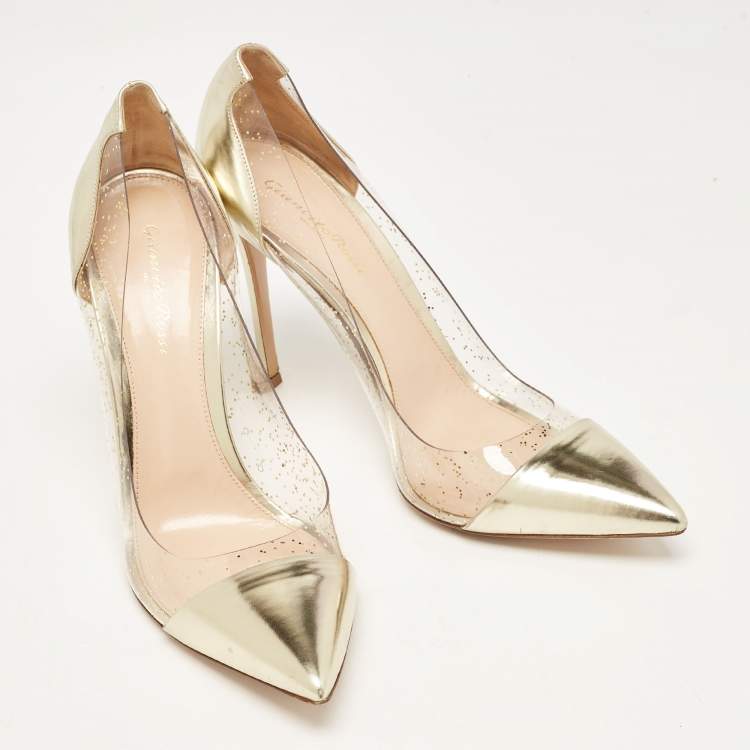 Pre Owned Gianvito Rossi Metallic Gold Leather and PVC Plexi Pumps Size 41