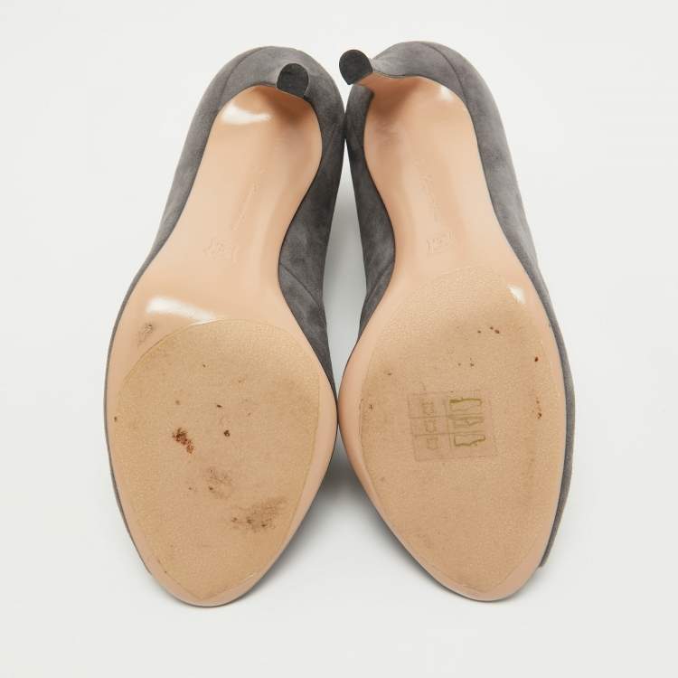 Pre Owned Gianvito Rossi Grey Suede V Neck Peep Toe Booties Size 36