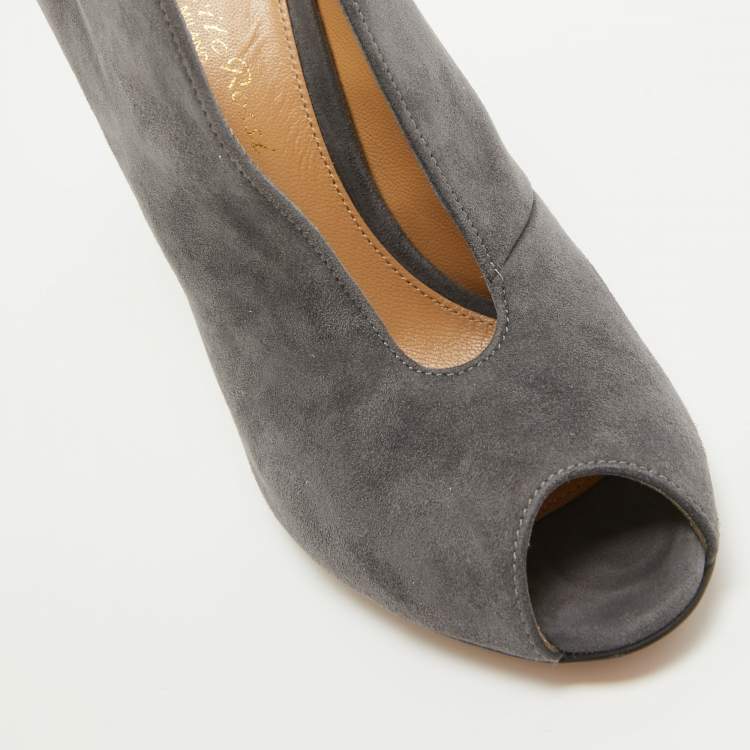Pre Owned Gianvito Rossi Grey Suede V Neck Peep Toe Booties Size 36