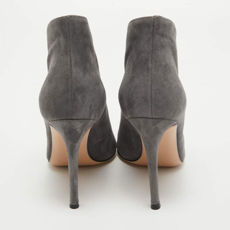 Pre Owned Gianvito Rossi Grey Suede V Neck Peep Toe Booties Size 36