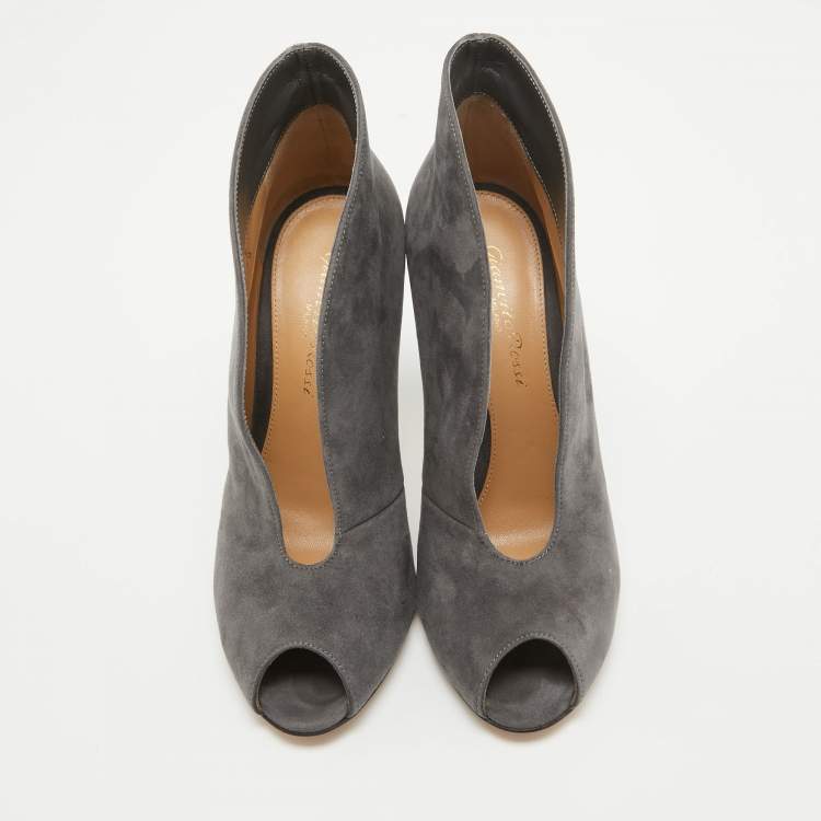 Pre Owned Gianvito Rossi Grey Suede V Neck Peep Toe Booties Size 36