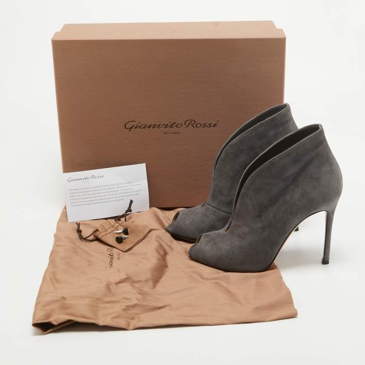 Pre Owned Gianvito Rossi Grey Suede V Neck Peep Toe Booties Size 36