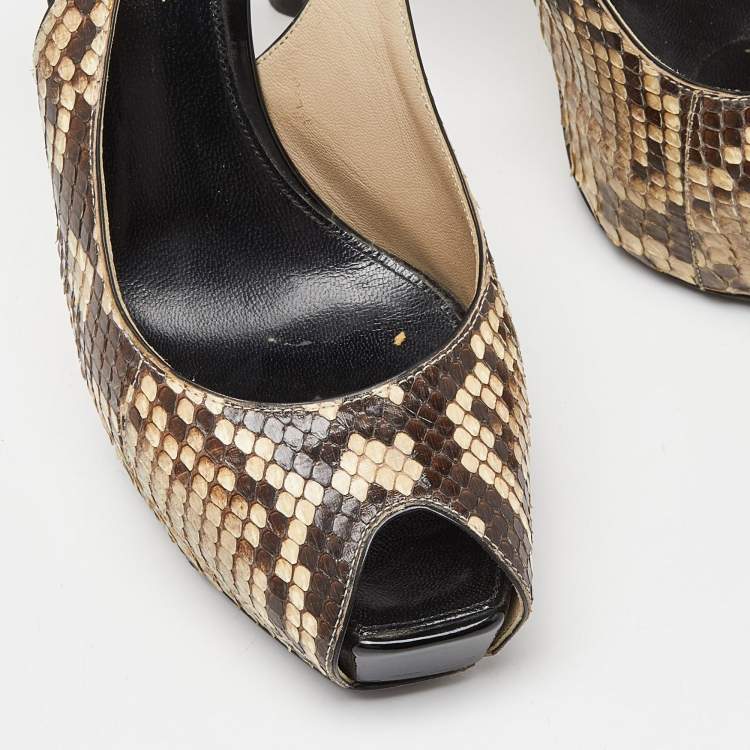 Pre Owned Gianvito Rossi Beige/Brown Python Leather Peep Toe Slingback Pumps Size 38.5