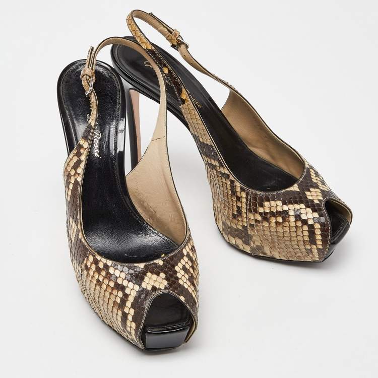 Pre Owned Gianvito Rossi Beige/Brown Python Leather Peep Toe Slingback Pumps Size 38.5
