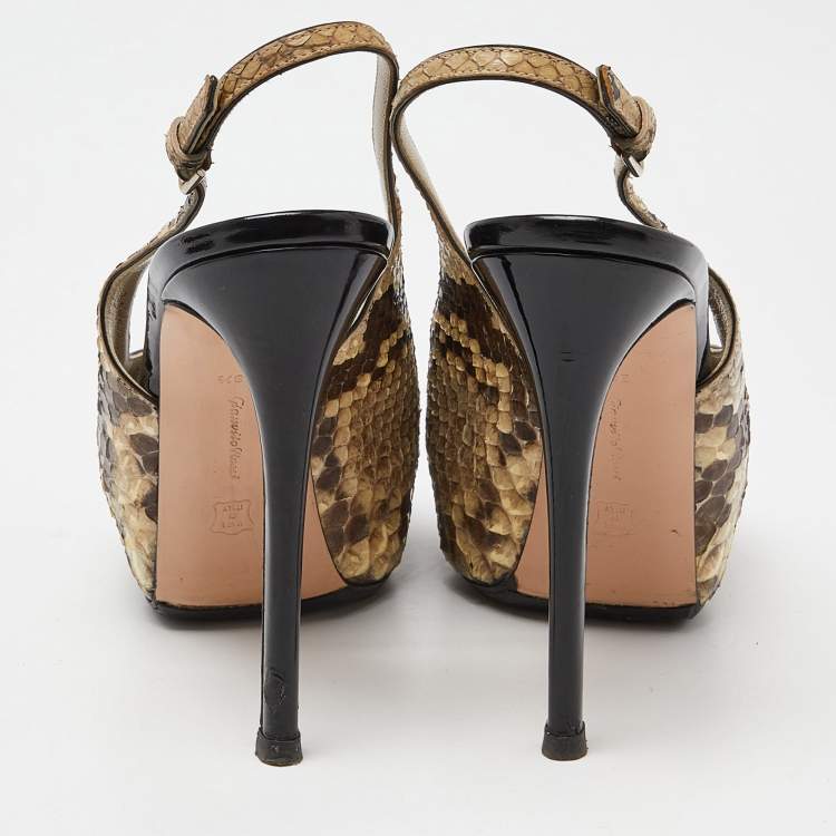 Pre Owned Gianvito Rossi Beige/Brown Python Leather Peep Toe Slingback Pumps Size 38.5