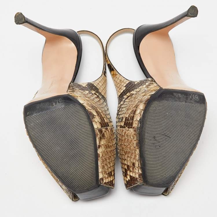 Pre Owned Gianvito Rossi Beige/Brown Python Leather Peep Toe Slingback Pumps Size 38.5