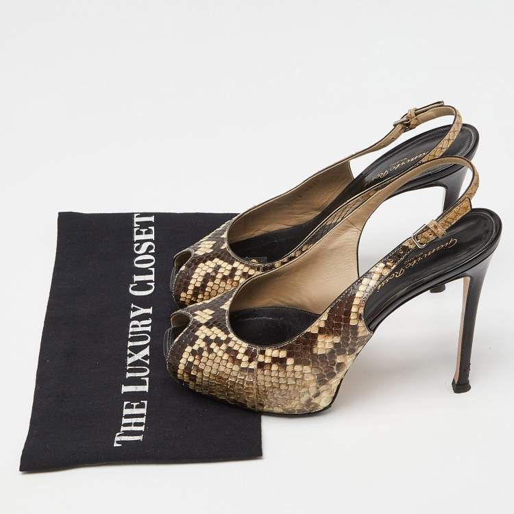 Pre Owned Gianvito Rossi Beige/Brown Python Leather Peep Toe Slingback Pumps Size 38.5