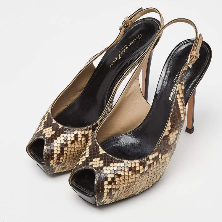 Pre Owned Gianvito Rossi Beige/Brown Python Leather Peep Toe Slingback Pumps Size 38.5