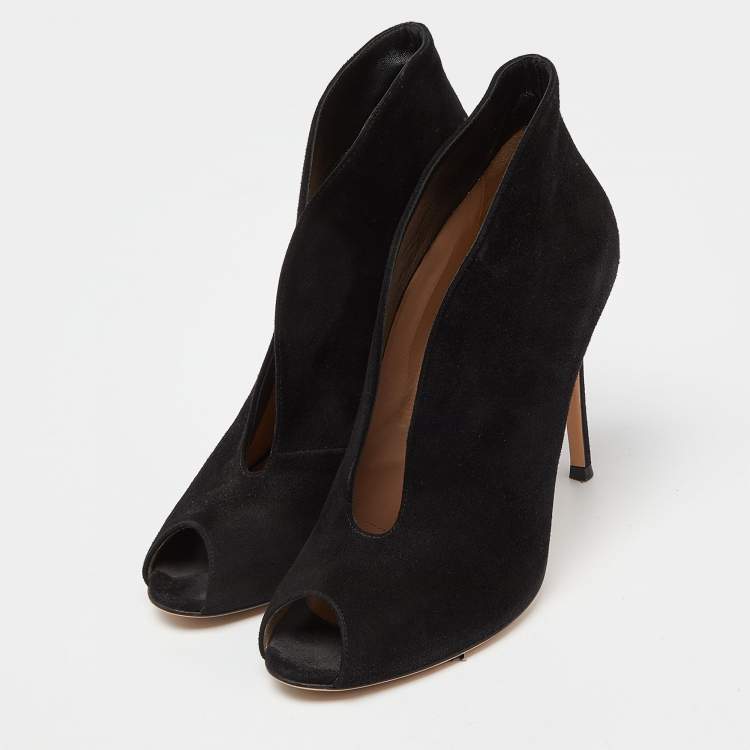 Pre Owned Gianvito Rossi Black Suede Vamp Peep Toe Booties Size 39