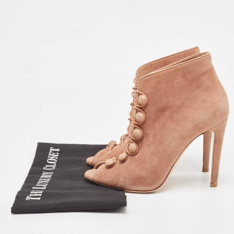 Pre Owned Gianvito Rossi Beige Suede Button Strap Peep Toe Boots Size 38